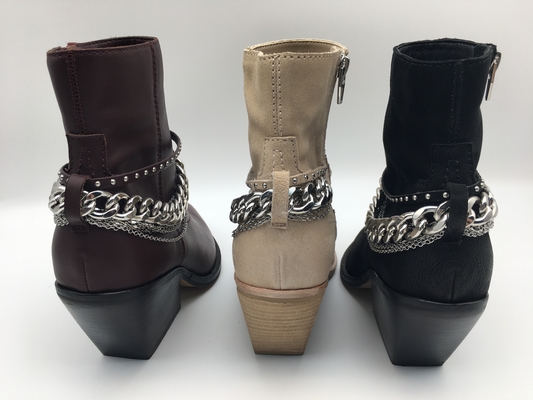 Bottes de la robe des femmes en cuir de nappa doux noir basses avec la tirette de YKK, conception en métal de clip D, talon en bois solide de place