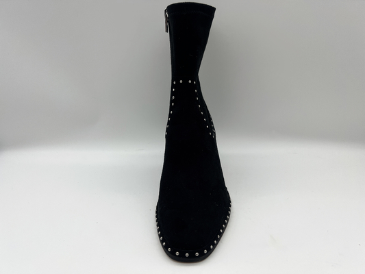 bottines molles de cuir de suède et de robe des femmes de couleur de tissu de lycra de bout droit avec la conception de tirette en métal, talon carré d'ABS