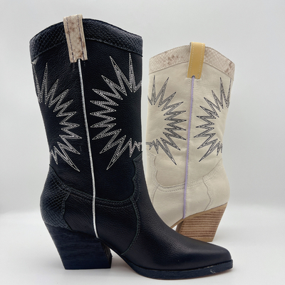 bottes de la robe de litchi des femmes en cuir molles de grain avec le modèle de broderie du soleil, talon volumineux d'ABS carré avec l'outsole de TPR