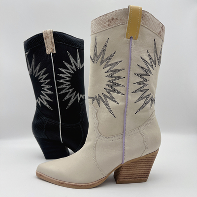 bottes de la robe de litchi des femmes en cuir molles de grain avec le modèle de broderie du soleil, talon volumineux d'ABS carré avec l'outsole de TPR