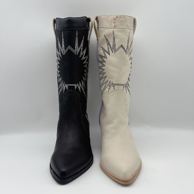 bottes de la robe de litchi des femmes en cuir molles de grain avec le modèle de broderie du soleil, talon volumineux d'ABS carré avec l'outsole de TPR