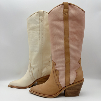 le cuir mou de suède de vache avec la toile molle de broderie, a dirigé des bottes de la robe des hautes femmes de cheville d'orteil