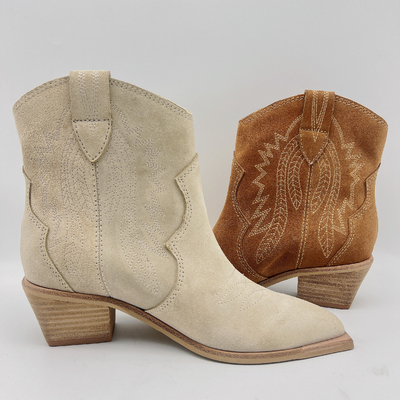 Bottes en cuir de la robe des femmes de mode Brown/beige avec la broderie de fleur