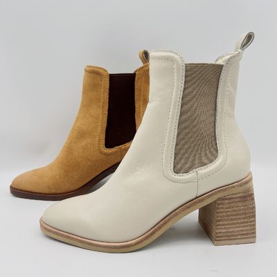 Bottes rondes de robe de Toe Ankle Boots Womens Leather Tan/beige avec la bande élastique