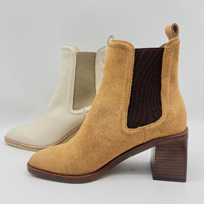 Bottes rondes de robe de Toe Ankle Boots Womens Leather Tan/beige avec la bande élastique