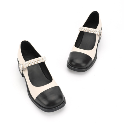 Piquer noir et blanc de Toe Womens Leather Flat Shoes d'enveloppe principale ronde