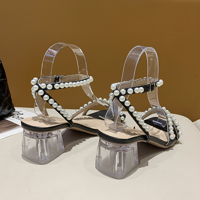 Madame épaisse Sandals Pearl Beautiful de Soled de haut talon carré transparent nouvelle