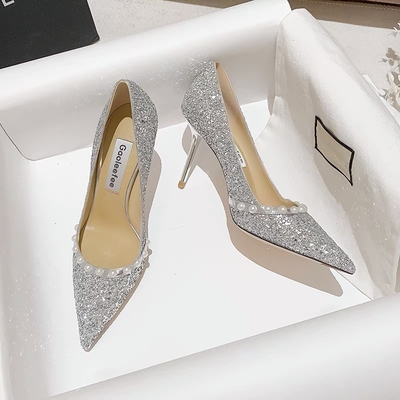 Dames de ressort épousant des pompes, perle brillante d'or Crystal Shoes de peau de mouton