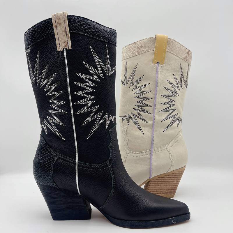 bottes de la robe de litchi des femmes en cuir molles de grain avec le modèle de broderie du soleil, talon volumineux d'ABS carré avec l'outsole de TPR